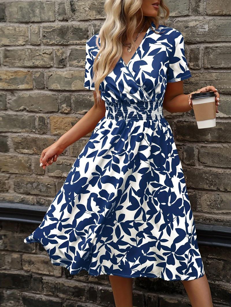 Product Introduction of Floral Wrap Neck Dress, Elegant Short Sleeve Dress For Spring & Summer, Women's Clothing 10