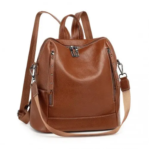 BPM2438 - Miss Lulu Women's Convertible PU Leather Backpack & Shoulder Bag – Versatile 2-in-1 Design - Brown 1