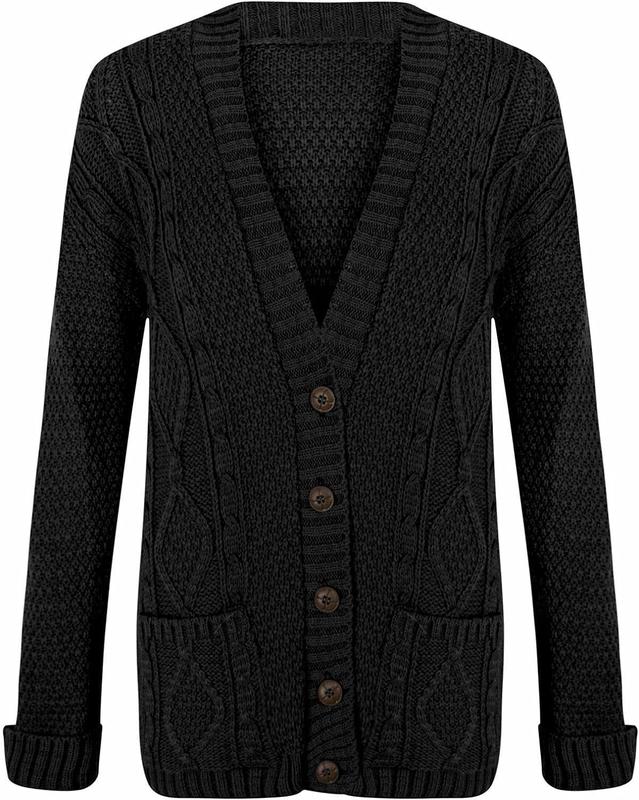 Womens Long Sleeve Chunky Cable Knitted Grandad Cardigan Girls Button Up Pocket Cardigan 2