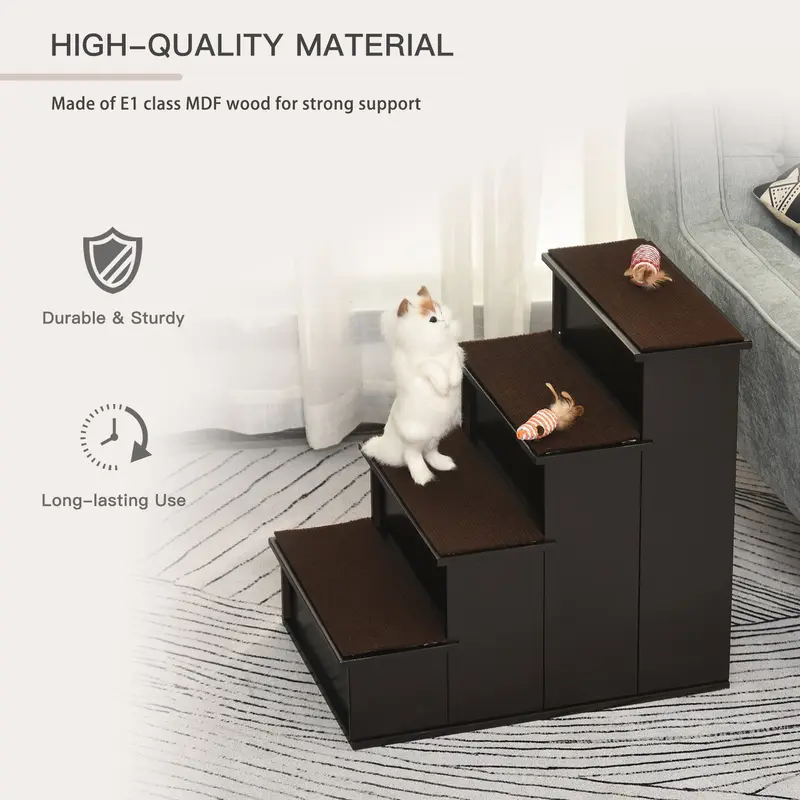 PawHut 4 Step Cushioned Pet Stairs Ramp Steps for Dogs, Cat Ladder for Bed Couch with Non-Slip Carpet, 40 x 59 x 54.2 cm, Dark Coffee 5