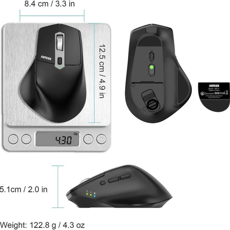 Multi-Device Wireless Bluetooth Mouse with Nano USB-A, USB-C Receiver Ergonomic Right Hand Silent Clicking Rechargeable Mouse for Computer Desktop PC Laptop Mac iPad and Windows 11/10 iPad OS 5