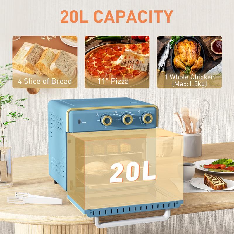 HOMCOM 20L Countertop Mini Oven, 7-in-1 Toaster Oven with Warm, Broil, Toast, Bake, Air Fryer Setting, Timer, Adjustable Thermostat, 4 Dishwasher Safe Accessories, 1400W, Blue 3