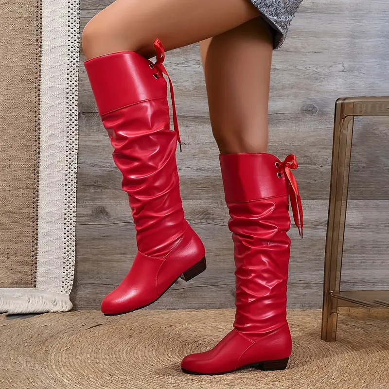 [Comfortable Boots] Elegant Women's Knee-High Boots with Bow Detail - Square Toe, Chunky Low Heel, Lace-Up, Faux Cover & Rubber Sole, Available in White, Black, Red 6