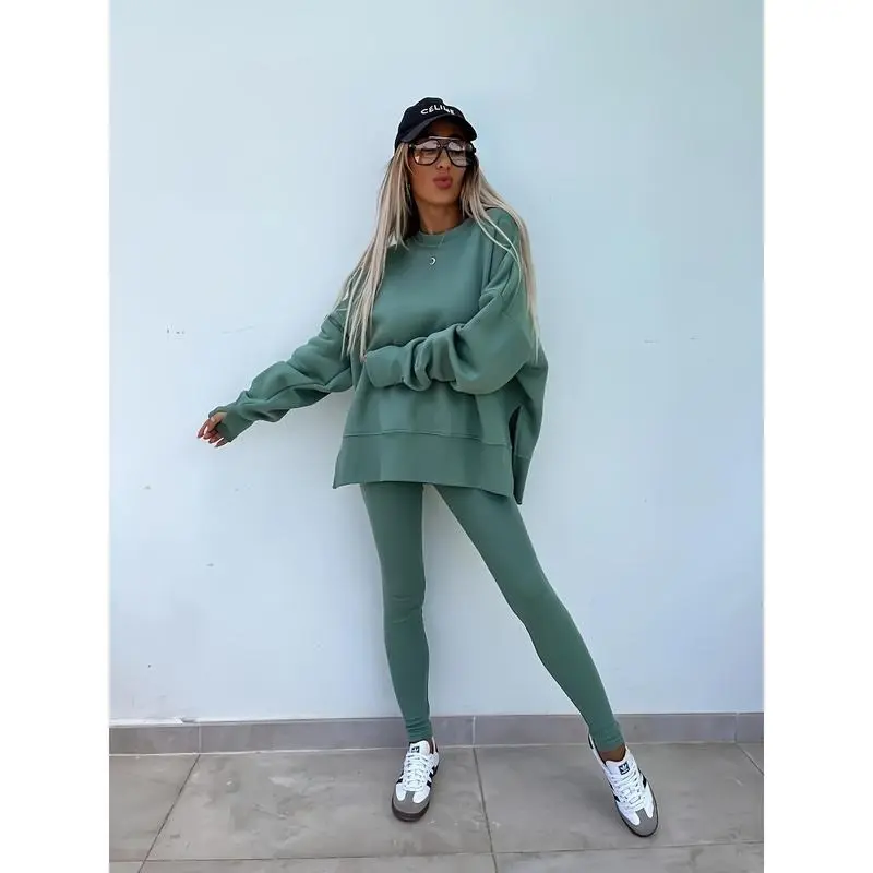 【2025】two-piece Women's Solid Color Long Sleeve Hoodie & Leggings Set - Casual Yoga Fitness Outfit Fabric Womenswear Clothing Collar