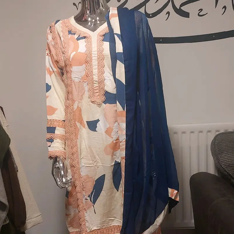 Asian Style 3pc women causal wear. boski lenen fabric and shifoon dupata ivory colour with navy blue dupata. beautiful lace work on shirt and trousers. 5