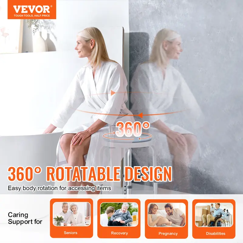 VEVOR Shower Chair for Inside Shower, 360 Degree Swivel Shower Seat, Adjustable Height Shower Stool, Non-Slip Bench Bathtub Seat Stool for Elderly Disabled Adults Handicap, 300 lbs Capacity Aluminium Lightweight 1