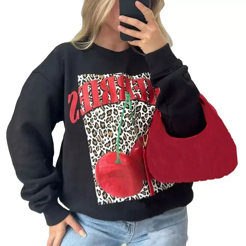 Ladies CHERRIES Slogan Cherry Leopard Print Pullover Baggy Sweatshirt Jumper 8-22 Womenswear Hoodie Sweaters  Women Long Sleeve Crewneck Tops 1