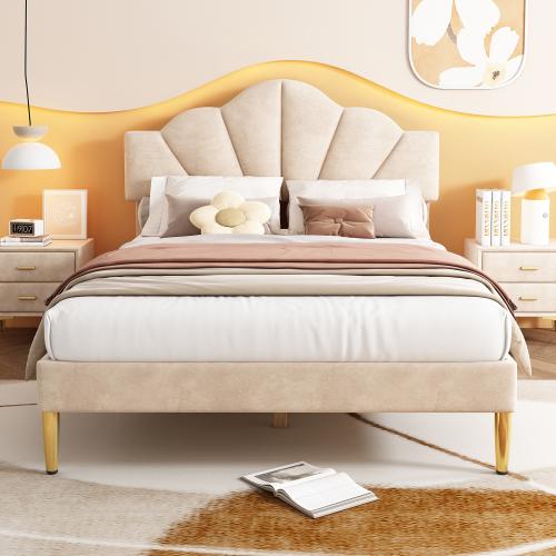 Velvet upholstered bed,90*190cm/ 135*190cm/ 150*200cm, shell-like bed with golden iron legs, height-adjustable headboard, wooden slatted frame, Beige 1