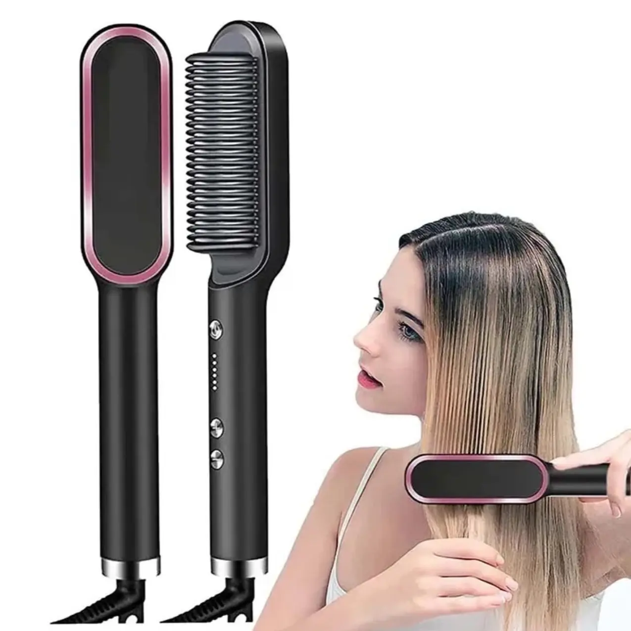 Hair Straightener Brush UK Plug, Flat Iron and Hair Brush 2-in-1, Anti-Scald, Fast Heating, 5 Temp Settings (130°C-210°C), Professional Salon at Home, Wider Comb for Even Straightening, Hair Straightening Iron with Built-in Comb Haircare Salon hairstyling