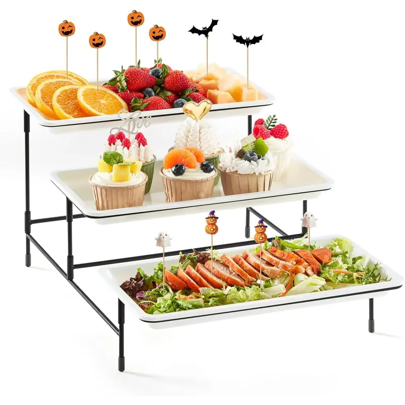 Lifewit 3 Tiered Plastic Serving Tray for Party Supplies, Platters for Serving Food, Reusable Trays with Mental Display Stand for Veggie, Fruit, Cookies, Dessert 3