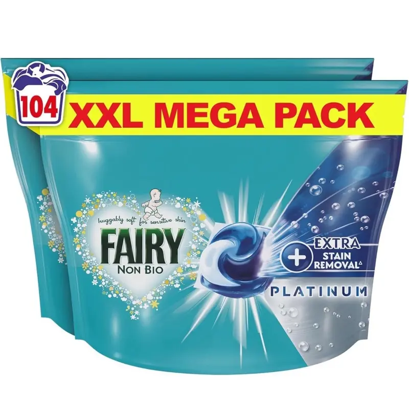 Non Bio Platinum PODS Washing Liquid Capsules, 104 Washes (52x2), With Extra Stain Removal - Household