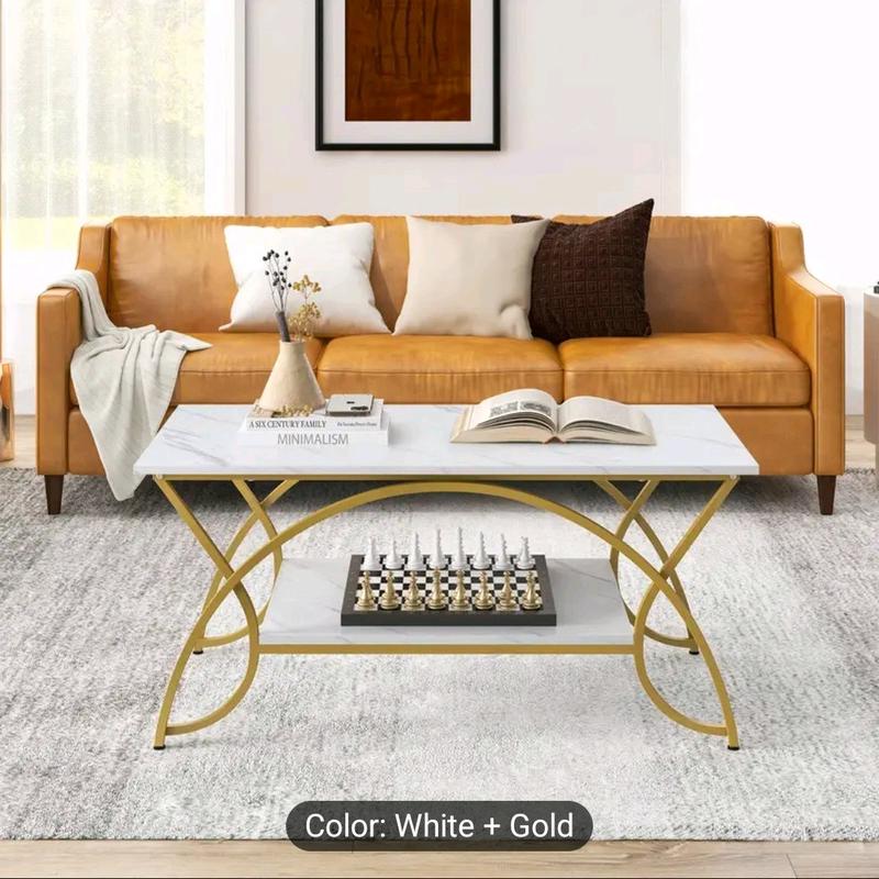 Modern Faux Marble Coffee Table, 2-Tier Rectangular Accent Table with Gold Finished Metal Frame, Chic Cocktail Table with Storage Shelf, Snack End Table for Living Room & Lounge 4