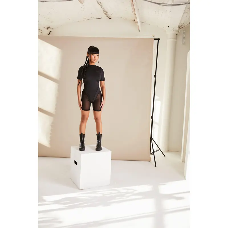 Black High Neck Mesh Panelled Unitard Playsuit 7