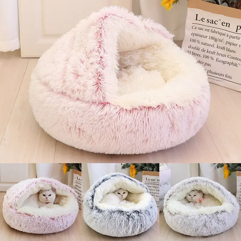 Pet Dog Cat Bed Round Plush Kitten Warm Sleeping Nest Bed Cat Igloo Cave House 0