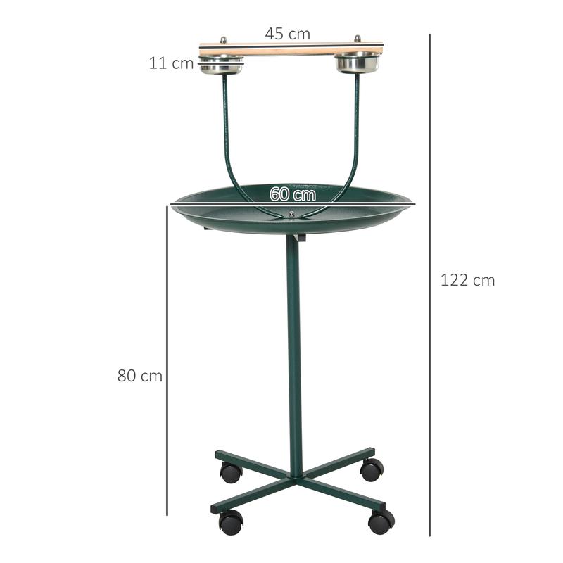 PawHut Bird Perch Stand, T-Stand Bird Training with Perch, Four Wheels, Feeding Bowls, Parrot Stand for Small & Medium Birds, Green 3
