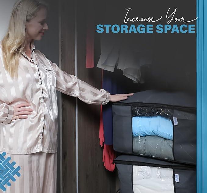 ACRALI HOME 90L Large Storage Bags with Zips- 3 Pack Foldable Clothes Storage Bag Organizer, Reinforced Handle and Transparent Window, Breathable Thick Fabric for Comforters, Blanket and Bedding- Grey Smooth Boxes Steel 5