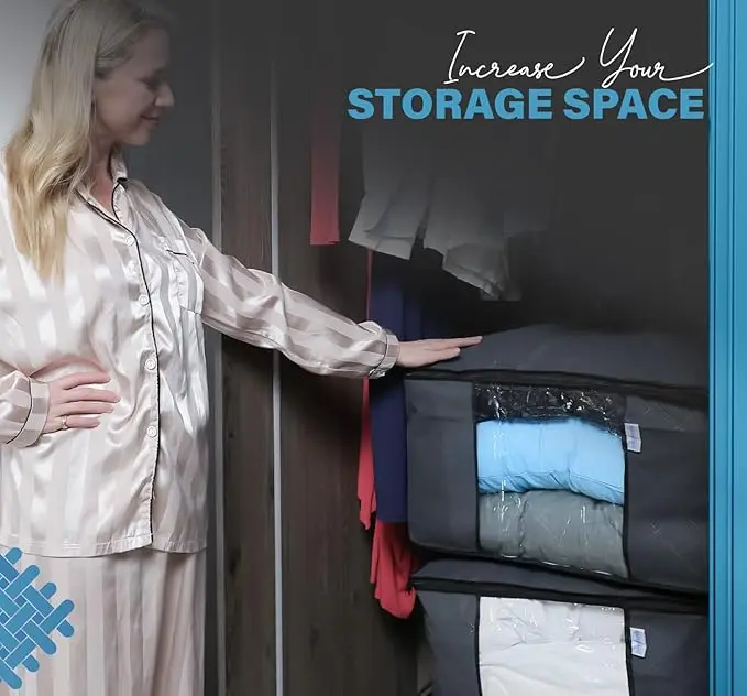 ACRALI HOME 90L Large Storage Bags with Zips- 3 Pack Foldable Clothes Storage Bag Organizer, Reinforced Handle and Transparent Window, Breathable Thick Fabric for Comforters, Blanket and Bedding- Grey Smooth Boxes Steel 4