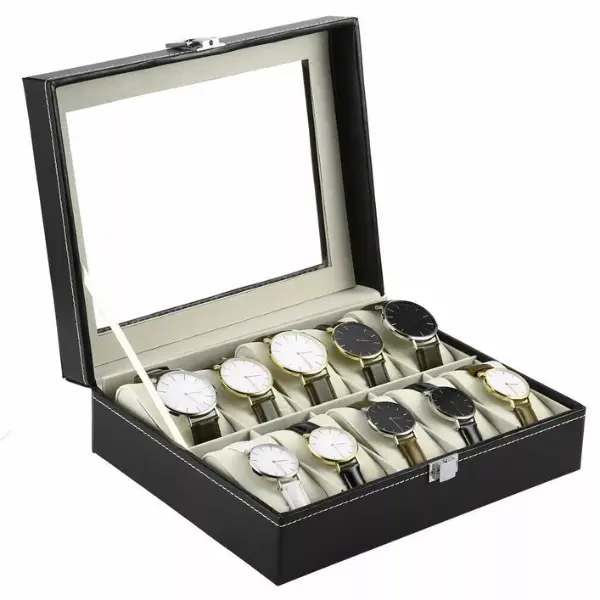 Lockable Case Faux Leather Watch Display Grid Box Jewellry Storage Organiser