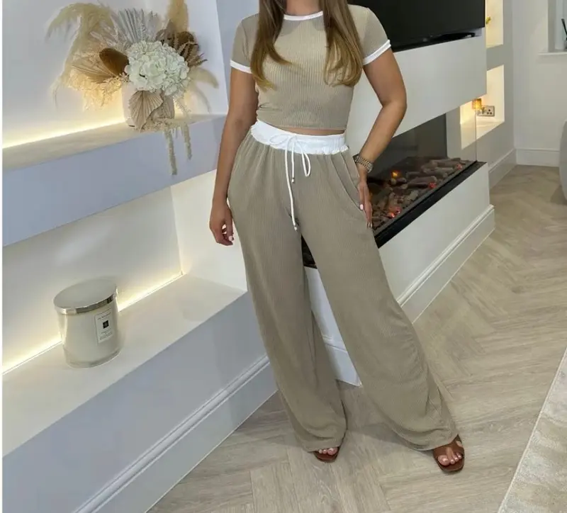 Women's Ladies Rib Contrast Trim Crop Top Plisse Wide Leg Trouser Lounge Wear Set 4