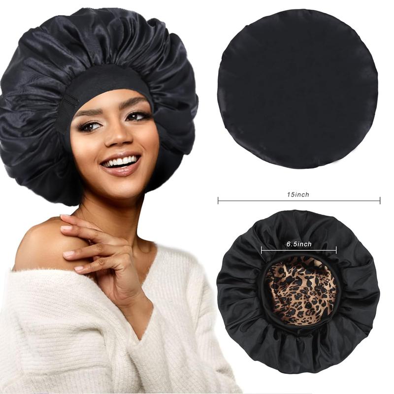 Silk Bonnet for Sleeping Double Layer Satin Bonnet Adjustable Bonnets for Black Women Sleep Cap Reversible Hair Bonnet for Curly Hair (Black and Leopard) 3