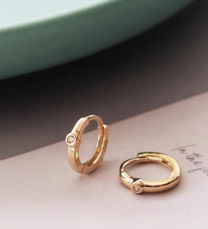 10ct Solid Gold Mini Bezel Huggie Hoops Earrings - simple, unisex, fine, 9k, 10k