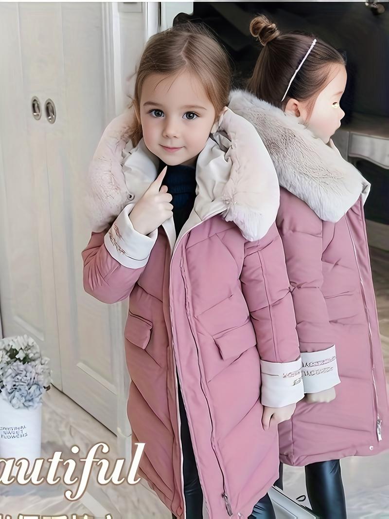 Product Introduction of Girls Trendy Furry Hooded Collar Long Polyester-Padded Jacket, Mid-length Kids Winter Clothes 0