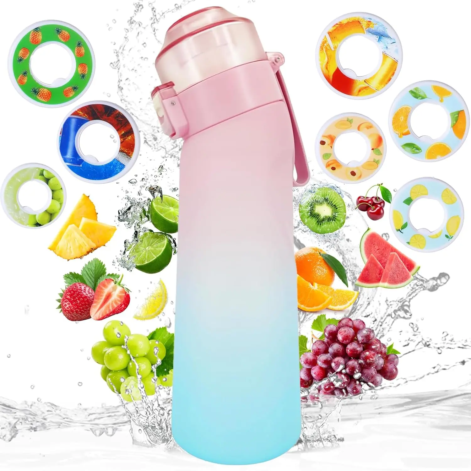 Air Water Bottle with 7 Flavour Pods Pack, 650ml Leak Proof Drinking Bottle BPA Free Sports Water Bottle with Fruit Scented Taste Pods for Fitness Outdoor Cup Drinkware Grape Lid Matte Mug Tumblers Tumblers Bottled Portable Washable Reusable