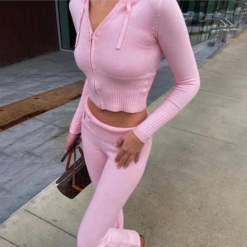 Knitted 2 Piece Sets Women Tracksuit Long Sleeve Zipper Hooded Sweater Crop Top Flare Pants Stretch Matching Suit Outfit Womenswear Overalls 1