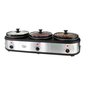 Quest 3 Pot Electric Slow Cooker, Buffet Server & Food Warmer / 3 Large Sized 2.5 Litre Ceramic Pots / Lids & Lid Stands / 3 Heat Settings / Silver Stainless Steel Finish