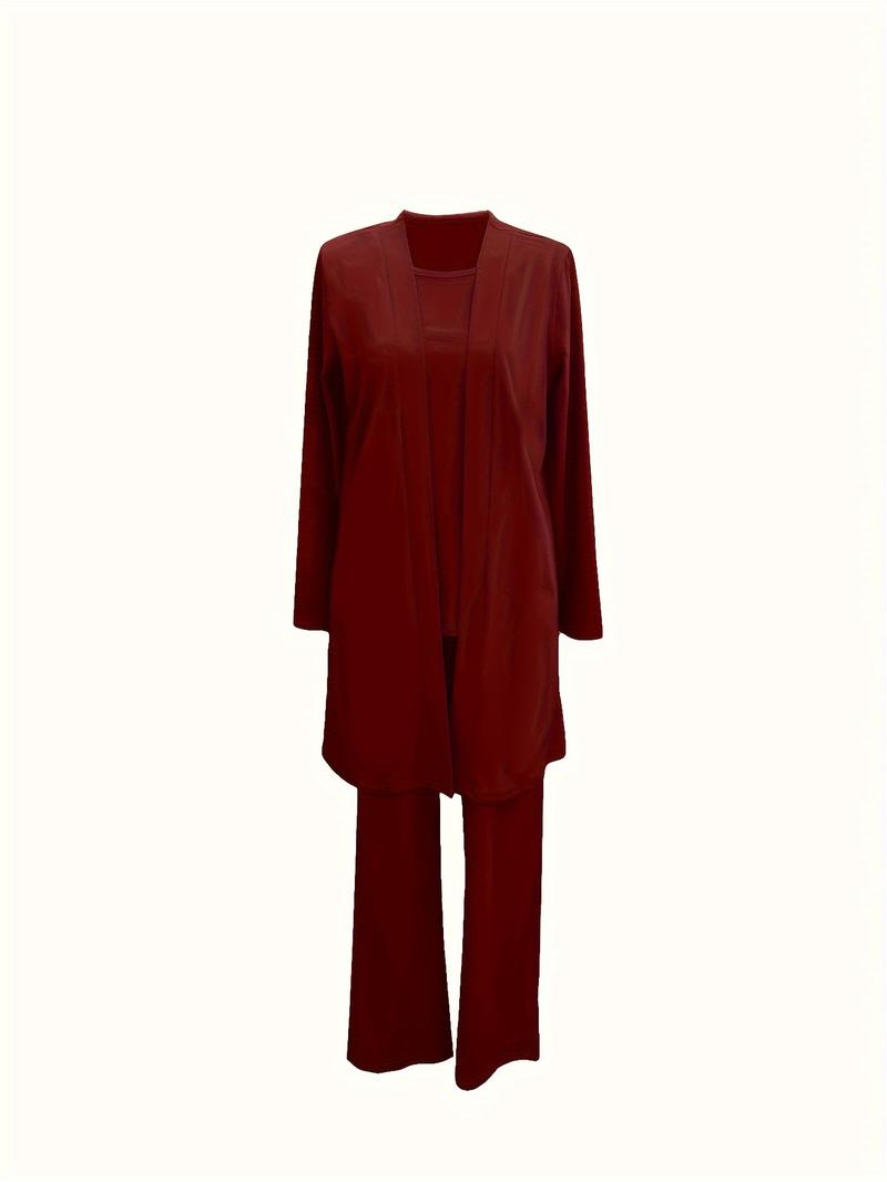 Product Introduction of Casual Three-piece Solid Set, Long Sleeve Cardigan & Top & Long Pants Outfits, Women's Clothing 9