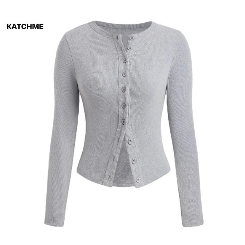 KatchMe Women's Versatile Solid Color Knit Button-Up Long Sleeve Slim Top,Lady Slim-Fitting Top for Daily Holiday Wear,Fall & Winter Crewneck Knitwear 4