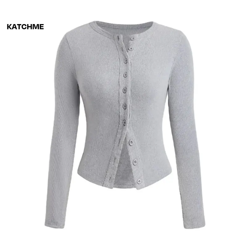 KatchMe Women's Versatile Solid Color Knit Button-Up Long Sleeve Slim Top,Lady Slim-Fitting Top for Daily Holiday Wear,Fall & Winter Crewneck Knitwear 4