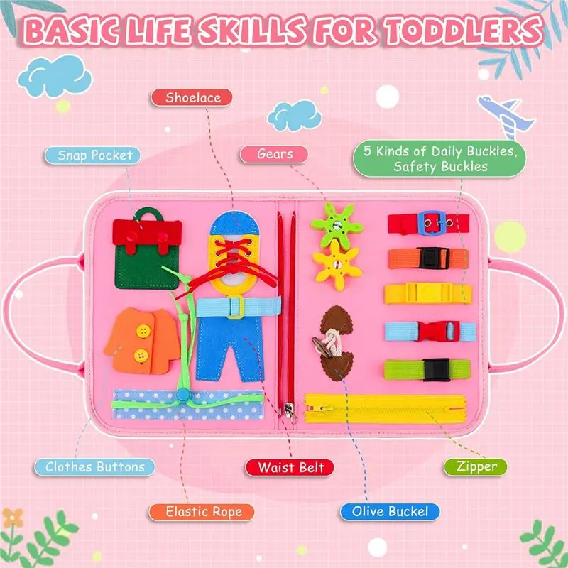 Busy Board for Toddlers, 34 IN 1 Montessori Toys Sensory Activities Preschool Educational Toys for Learning Fine Motor Skills for 2 3 4 5 6 Years, Travel Toys on Plane for Girls Gift - Pink/Unicorn 2