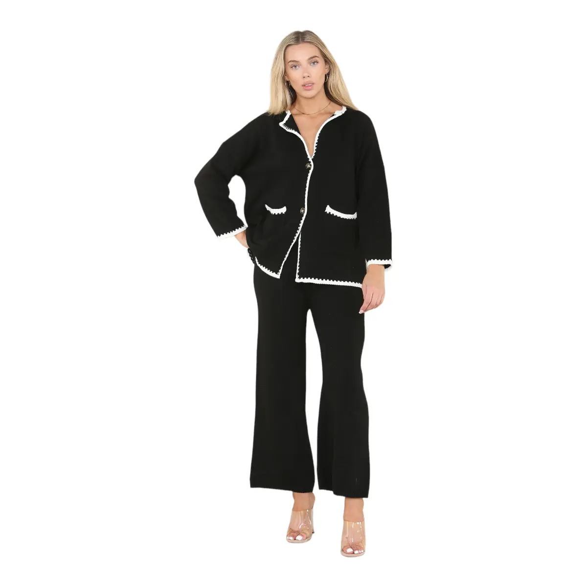 Women's Knitted Contrast Stitching Cardigan Co-Ord Set One Size Fits UK 8-14 Comfort Womenswear