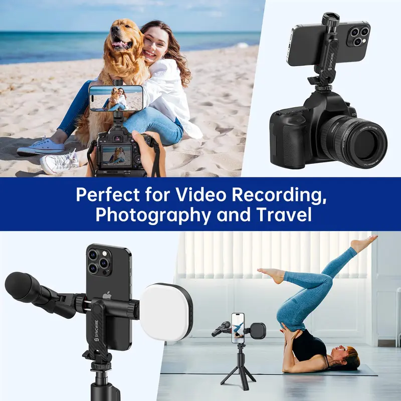 SYNCWIRE Tripod Phone Mount, Universal Smartphone Mount Adapter with 2 Cold Shoe and 1/4" Screw, 360° Rotates and 180° Tilts Adjustable Cell Phone Clamp Holder for Enhancing Mobile Photography Setup 3