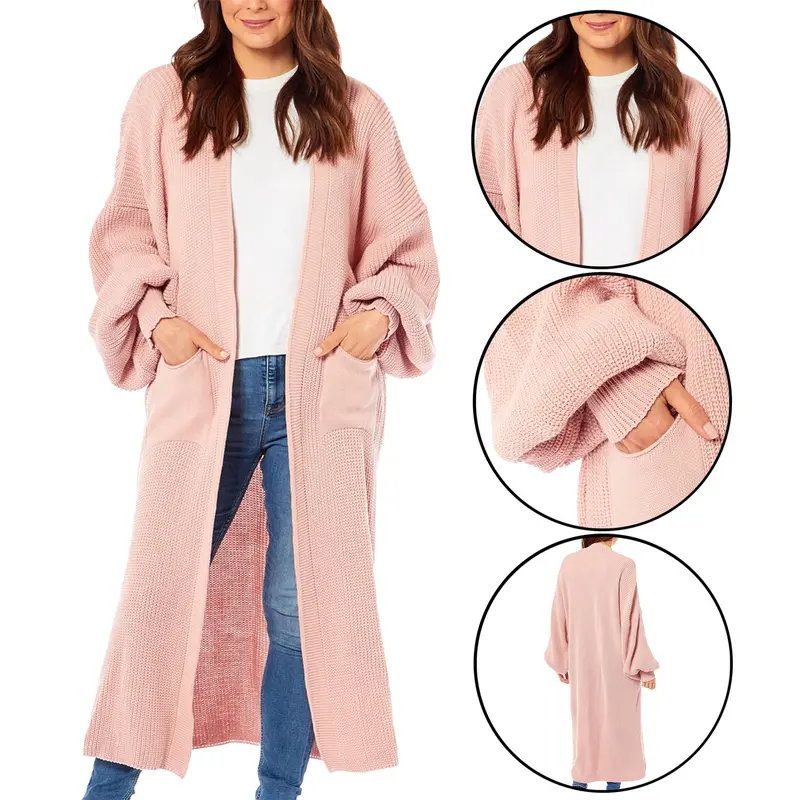 Long Ladies Balloon Sleeve Cardigan Oversized Pocket Chunky Weave Knitted Ribbed Jumper Comfort Knitwear 5