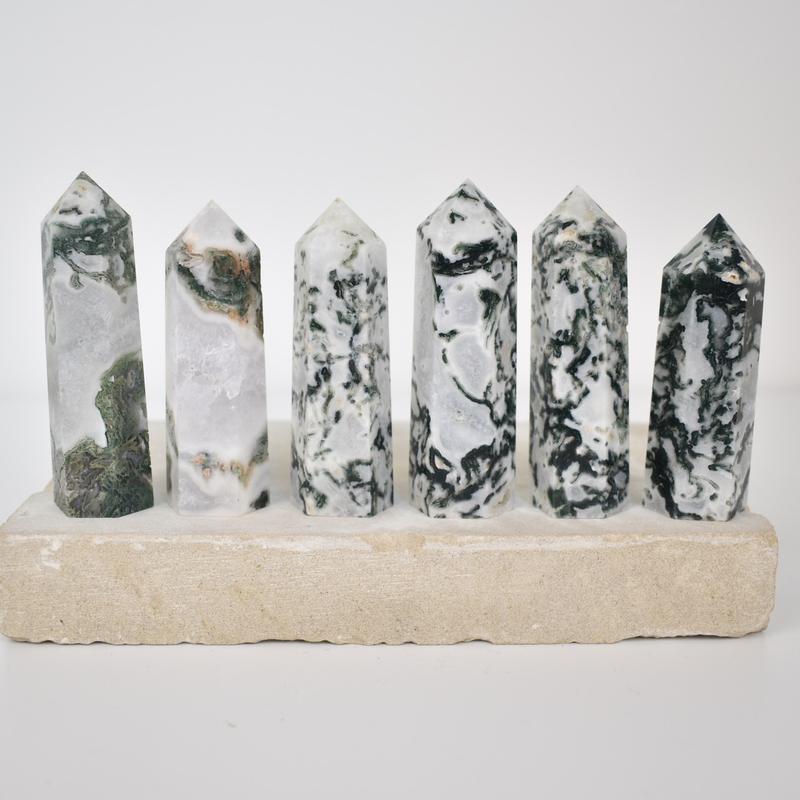 Moss Agate Tower, Green White Druzy Healing Crystal Moss Agate Tower with Quartz 3