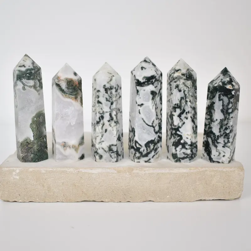 Moss Agate Tower, Green White Druzy Healing Crystal Moss Agate Tower with Quartz 3