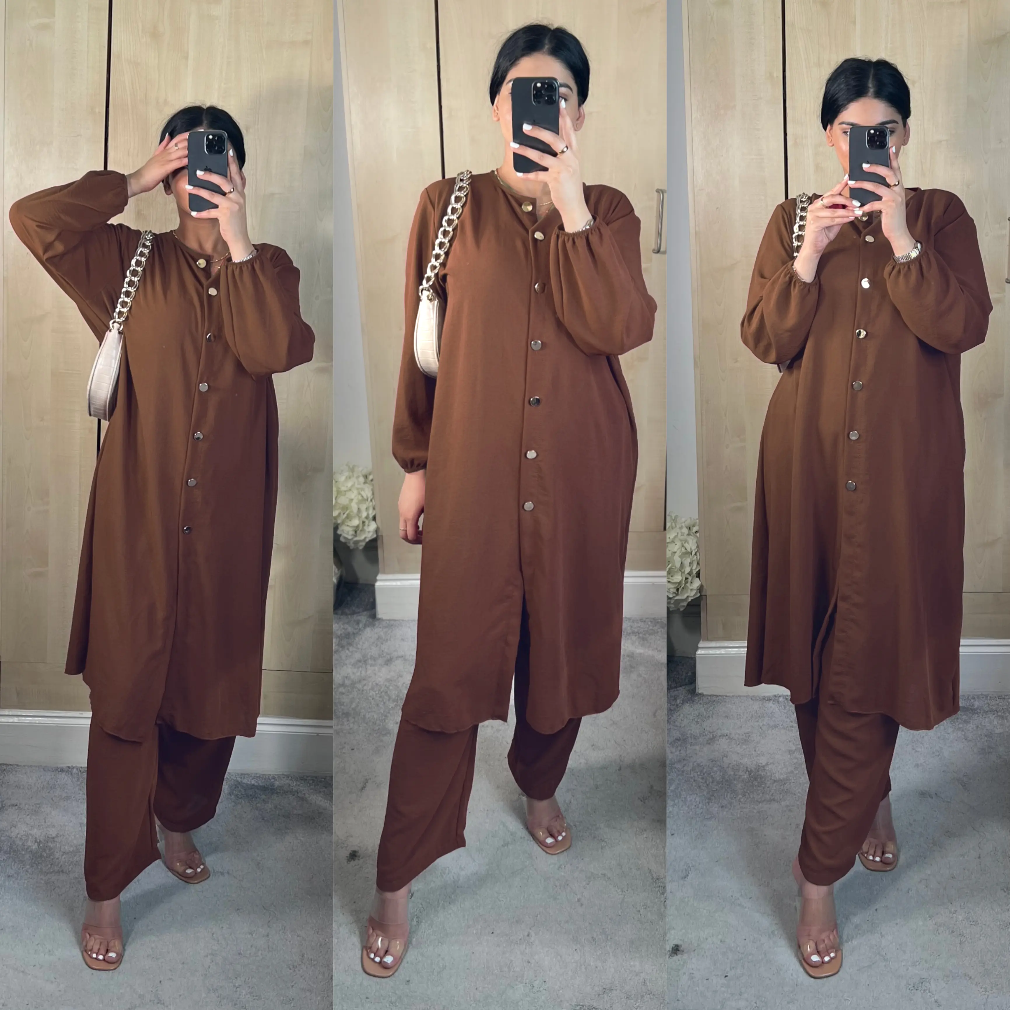 Womens Elegant Plain Two Pc Set 7 Buttoned CoORD Long Sleeve Abaya Style Polyester Size 8 to 20