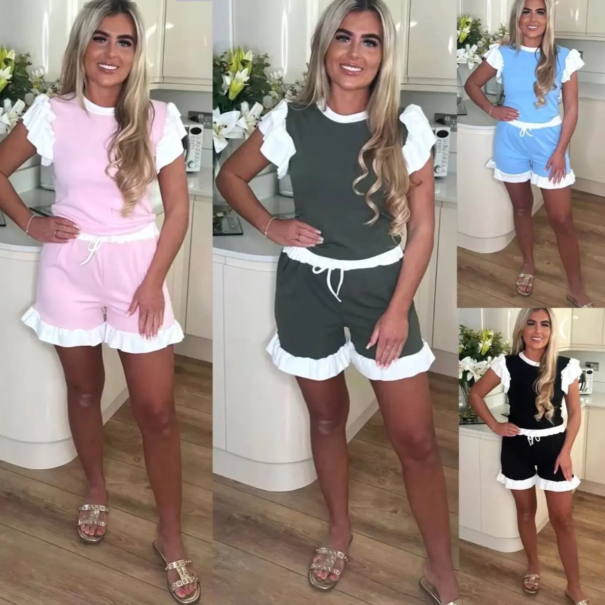 Ladies ribbed frill top and short set Khaki Womenswear Baby Hot Pink Lilac Overalls Sky Suits
