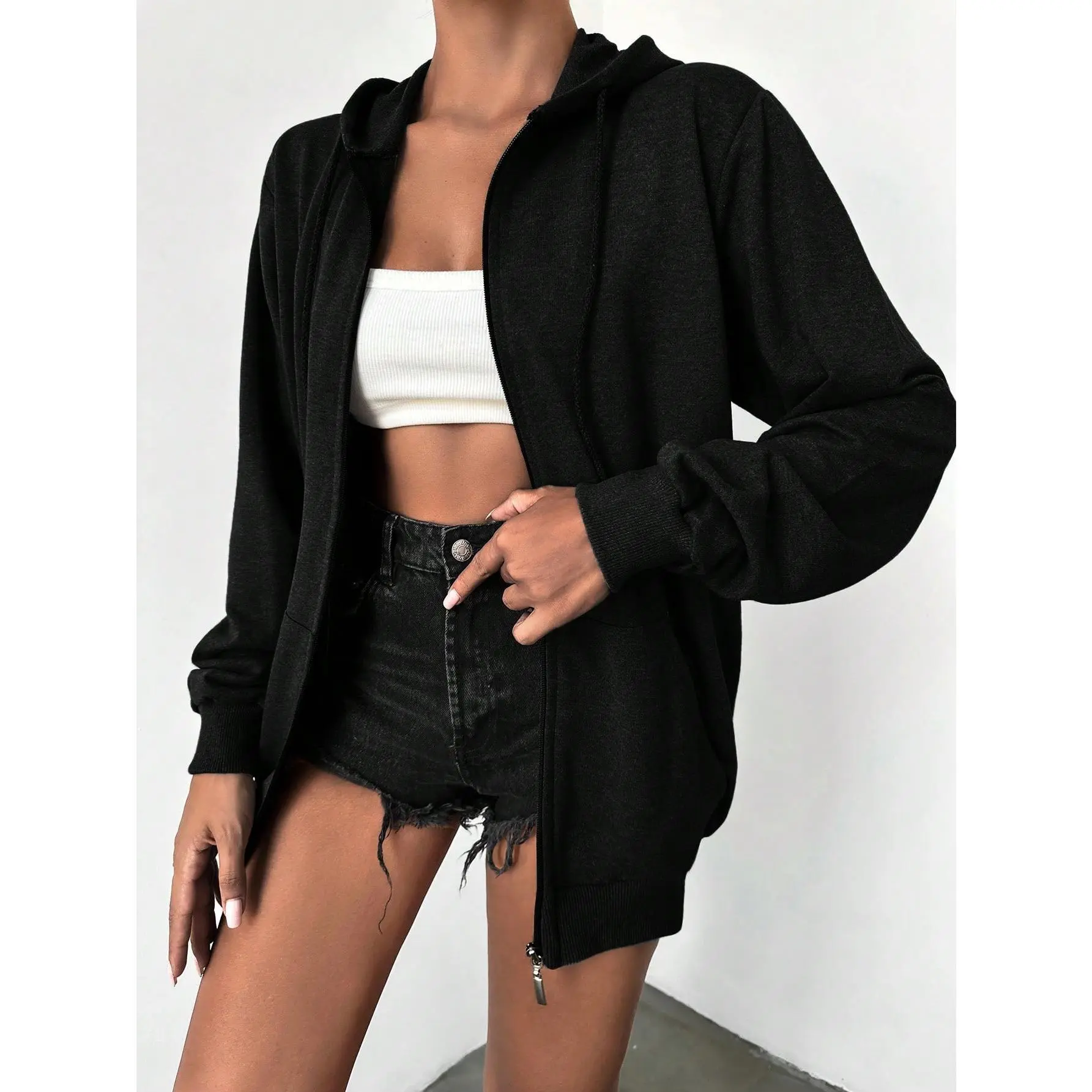 Solid Zip Up Drawstring Hoodie[S12] Long Sleeve Cotton Fit Womenswear Sweatshirts Tops Comfort Pullover Fabric Casual