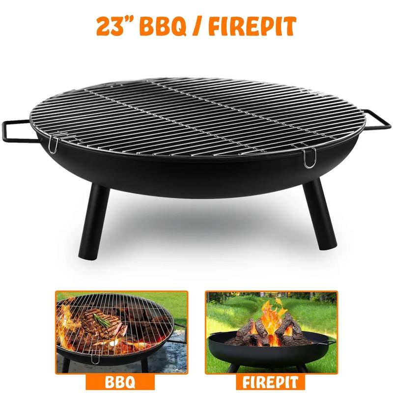 23" Large Round Steel Fire Pit Garden Patio Camping Heater Burner Bowl BBQ Gril Outdoor Fire Pit, Garden Patio Heater Charcoal Log wood Burner for BBQ Camping Picnic Patio Steel Fire Bowl Grill 4