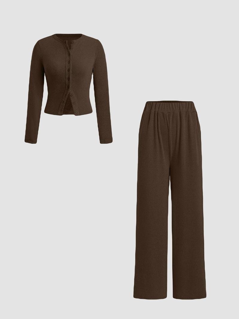 Product Introduction of Two-piece Set Women's Solid Button Front Ribbed Crop Top & Elastic Waist Pants, Casual Long Sleeve Round Neck Top & Trousers 2 Piece Set for Spring & Fall, Women's Clothes for Daily Wear, Sassyandclassyclothing 11
