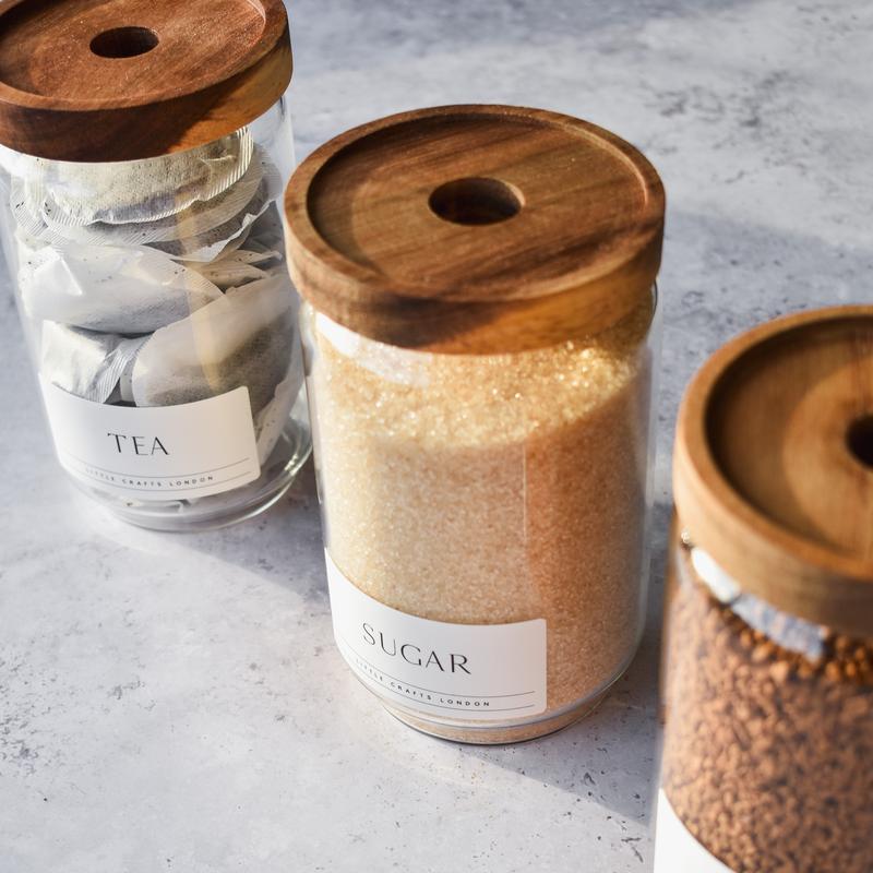 Set of 3 Acacia Glass Jars Tea, Coffee and Sugar 750 ML | Tea Coffee Sugar Canisters [LABEL SLIM] Airtight Containers 5