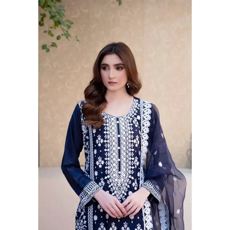 SAIMA FASHION (SL-03) LINEN EMBROIDERED | READYMADE 3 PC SUIT | EMBROIDERED SHIRT & SCARF WITH WIDE LEG BOTTOMS | PAKISTANI/INDIAN TRADITIONAL CLOTHING 4