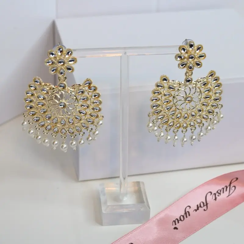 White Indian Earrings with Gold Kundan Pearl Chaandbali and Jhumka Design 6