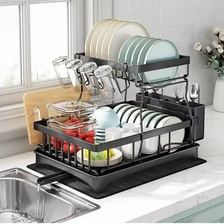 2 Tier Dish Drainer, Multifunctional Dish Drainer Rack, Rustproof Kitchen Dish Drying Rack Drainboard & Utensil Holder, Space-Saving Dish Kitchen Counter, Large, Black Storage Holders & Racks Cabinet Organizer Stainless Steel Waterproof Decor Installation