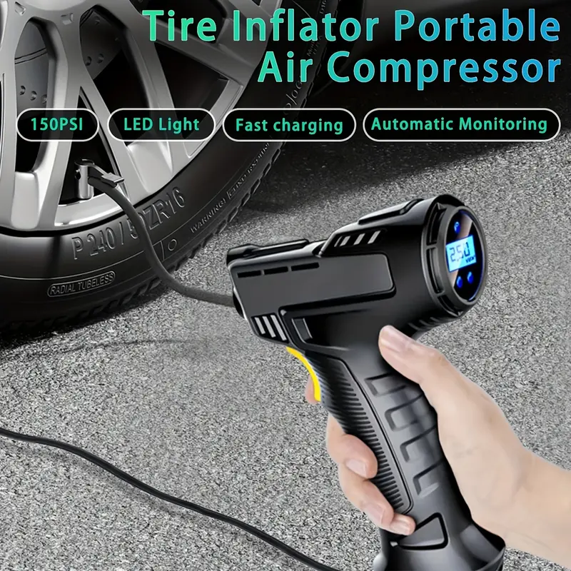 Portable Car Tyre Inflator, Air Compressor, Digital Handheld Electric Pump, LED Light, 3 Nozzle Adaptors, for Car, Motorcycle, Bicycle, Inflatables, DC 12V 2