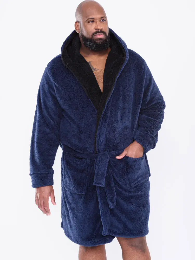 D555 Mens Dressing Gown With Hood, Big & Tall, Navy 2XL-8XL