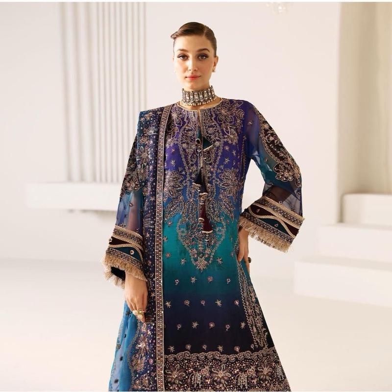 Embroidered Shaded Chiffon Readymade Salwar Kameez for Eid, Nikkah, Mendhi, & South Asian wedding parties. Featuring intricate embroidery, Dupatta, sleeves, palazzo trousers. Soft, breathable chiffon,perfect for Pakistani, indian bridal festive.Eid outfit 2